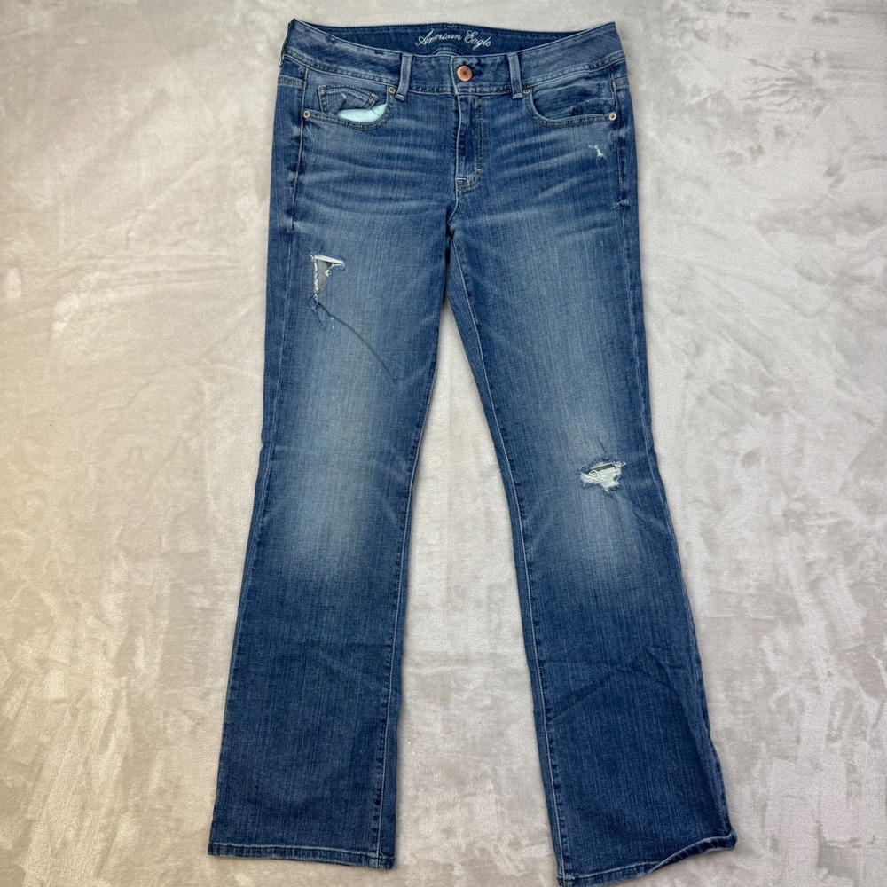 American Eagle Original Boot Jeans Womens 12 32x33 Blue Distressed Stretch Denim
